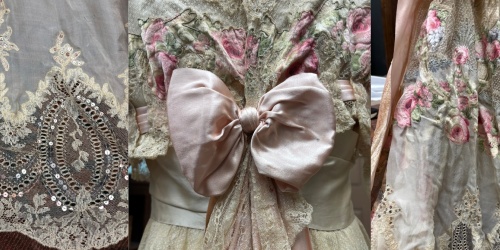Three photos of a cream evening gown with pink embellishments